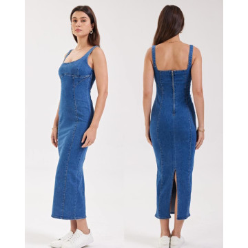 Robe longue en jeans bleu à bretelles large