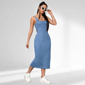 Robe longue en jeans bleu à bretelles large